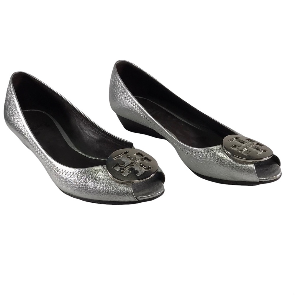 Tory Burch Silver Peep Open Toe Low Wedge Heel Sandal Shoe 6.5